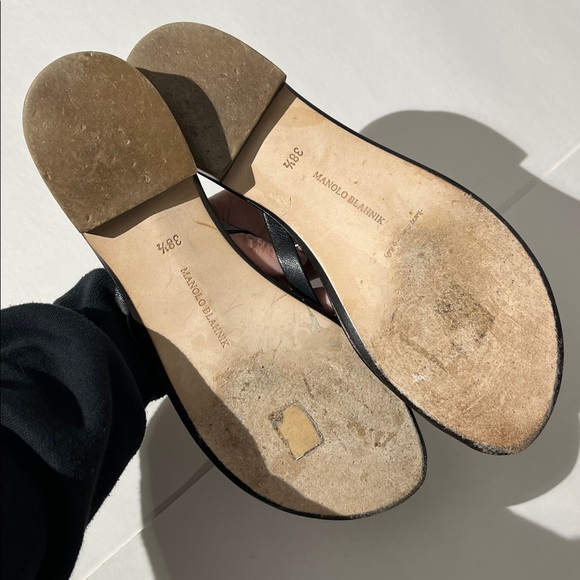 Manolo Blahnik Black Leather Suede Flower Slides Sandals sz 38.5 Made in Italy - Picture 6 of 11